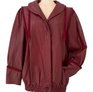 Vintage 80's Pleated Burgundy Red Soft Leather Bomber Jacket